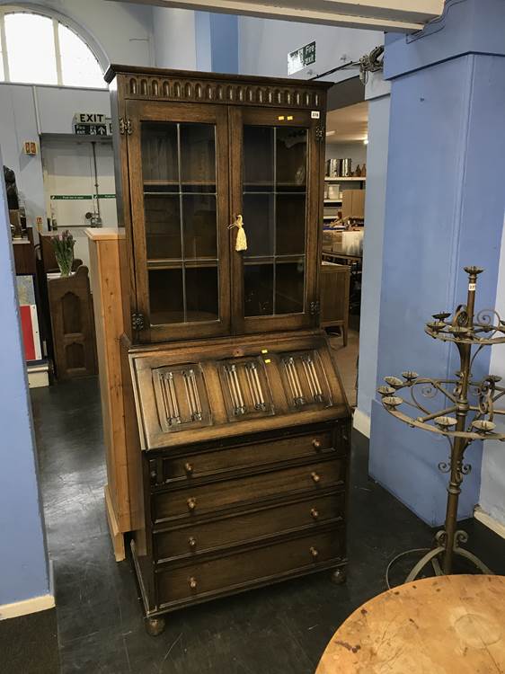 Oak linenfold bureau bookcase