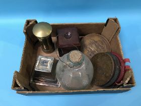 Brass post box money box, fly trap, various wax seals etc