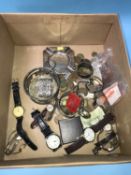 A silver ashtray, various coinage, fashion watches etc