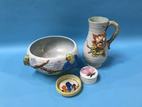 A Clarice Cliff 'Bizarre' pin dish, a Clarice Cliff bowl and jug and a small Moorcroft pin dish (4)