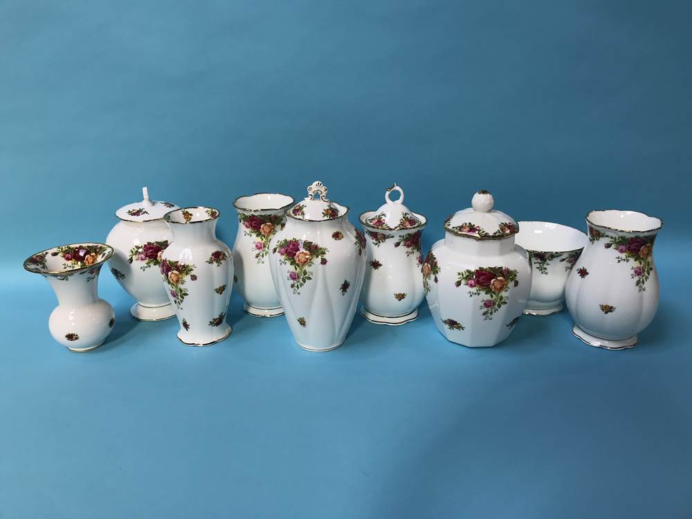 Nine Royal Albert Old Country Roses vases