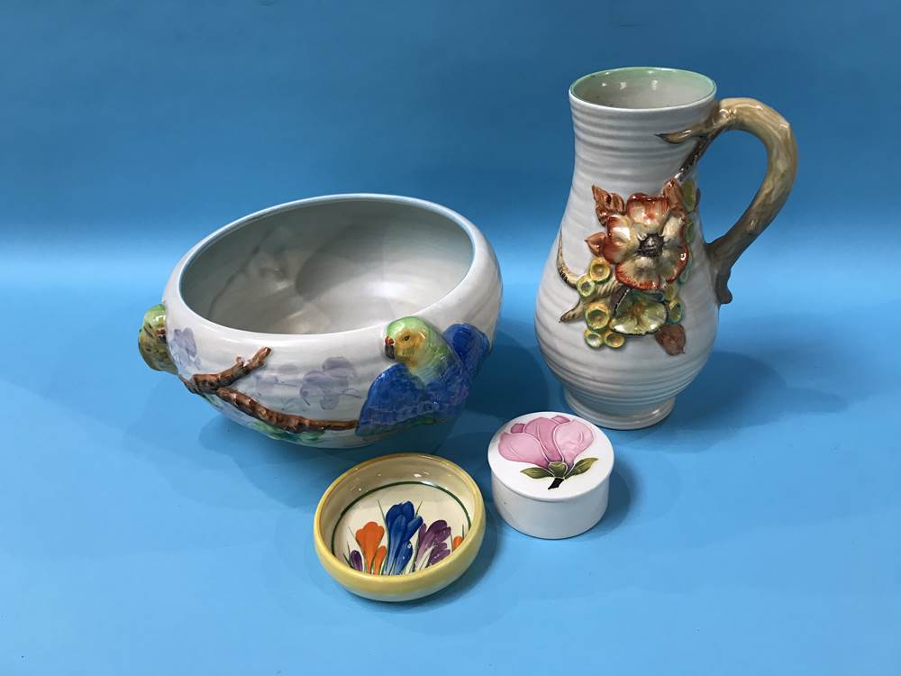 A Clarice Cliff 'Bizarre' pin dish, a Clarice Cliff bowl and jug and a small Moorcroft pin dish (4) - Image 2 of 2