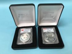 Two boxed silver one ounce coins, 'China Panda 2018' and 'Canada Maple Leaf 2018'