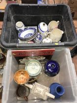 Two boxes of Moorcroft, Ringtons etc.