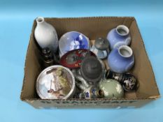 Box containing Copenhagen, Wedgwood, Oriental teapot, Cloisonne vase etc