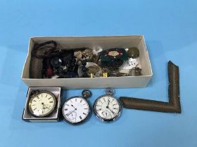 A small box of pocket watches, Scottish brooches, sweetheart brooch, seven 1950's Butlins brooches