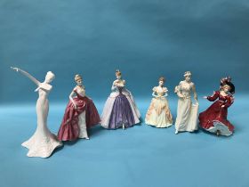 Five Coalport figurines and one Royal Doulton figure