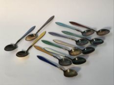 A set of twelve Norwegian enamelled coffee spoons, stamped '925' 111g