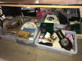 Four boxes containing pictures, barometer, miniature violin etc.