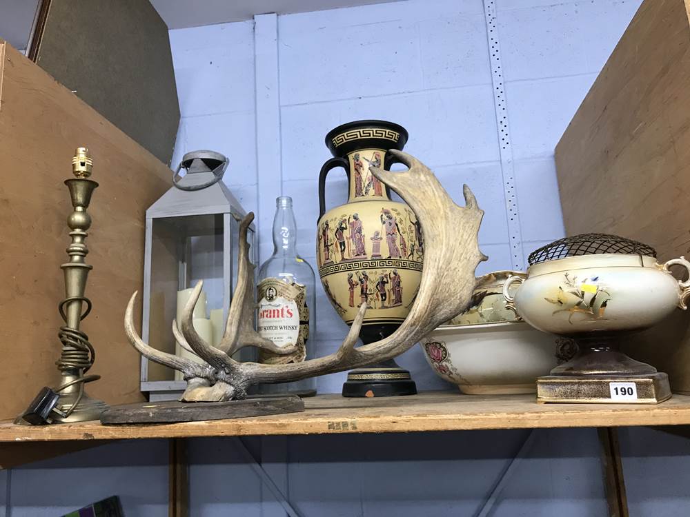 Pair of antlers, Grecian urn etc.