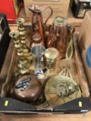 Brass candle sticks, copper jugs etc