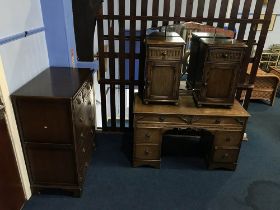 Oak chest of drawers, dressing table and a pair of bedside chests