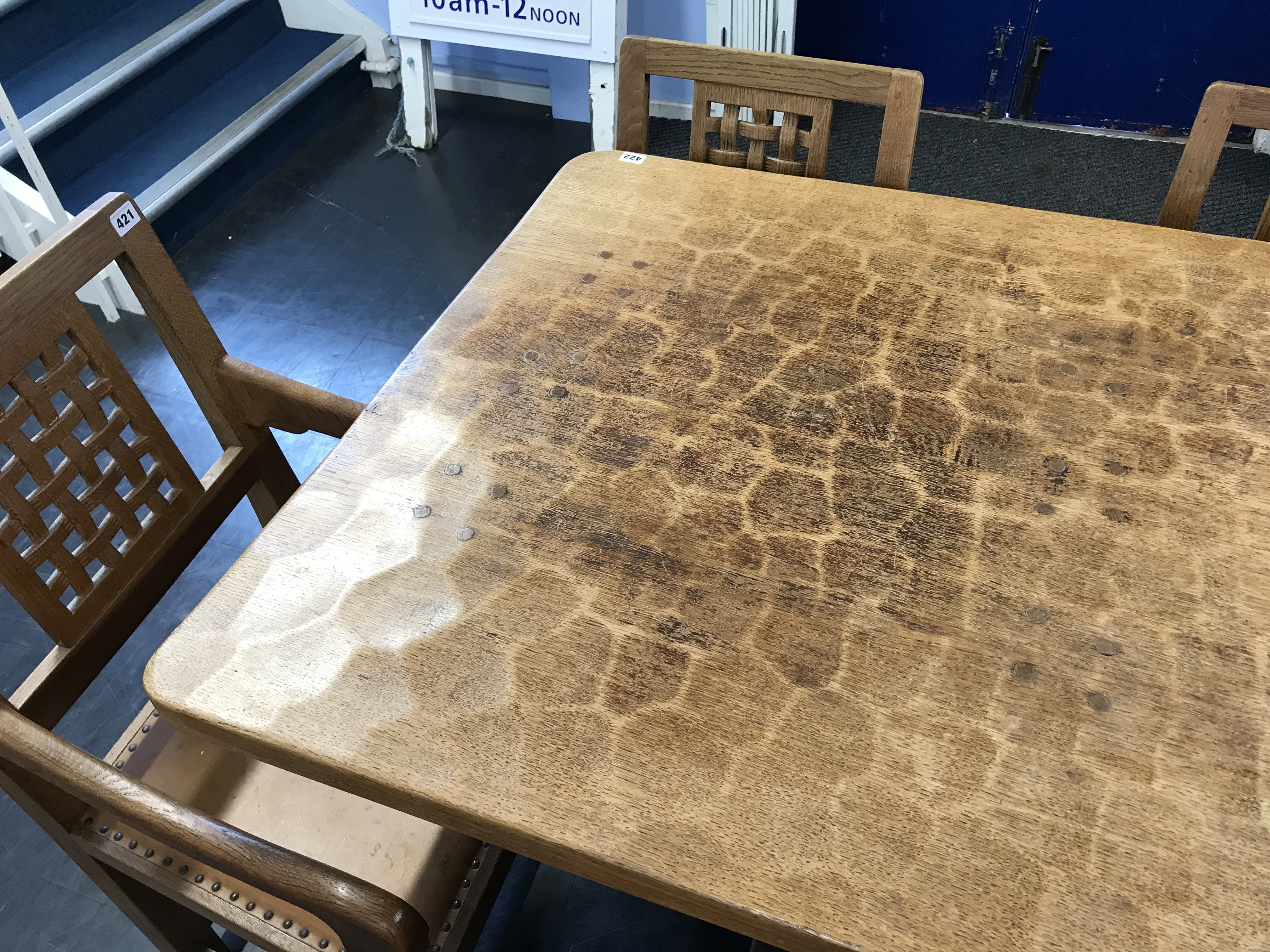 A 1970's Sid Pollard Mouseman design solid oak refectory table and a set of eight lattice back - Image 5 of 6