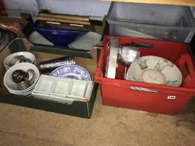 Four boxes of assorted including a Delft bowl