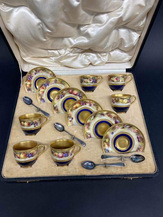 A cased Royal Worcester six setting fruit pattern coffee service by Frank Roberts, dated 1918, six - Image 2 of 9