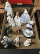 Various figures including Royal Doulton, Crown Derby paperweight and a Coalport snow globe