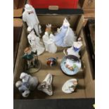 Various figures including Royal Doulton, Crown Derby paperweight and a Coalport snow globe