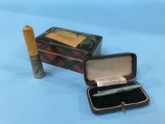 A Mauchline ware box, a cigar holder etc.