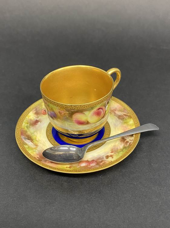 A cased Royal Worcester six setting fruit pattern coffee service by Frank Roberts, dated 1918, six - Image 3 of 9