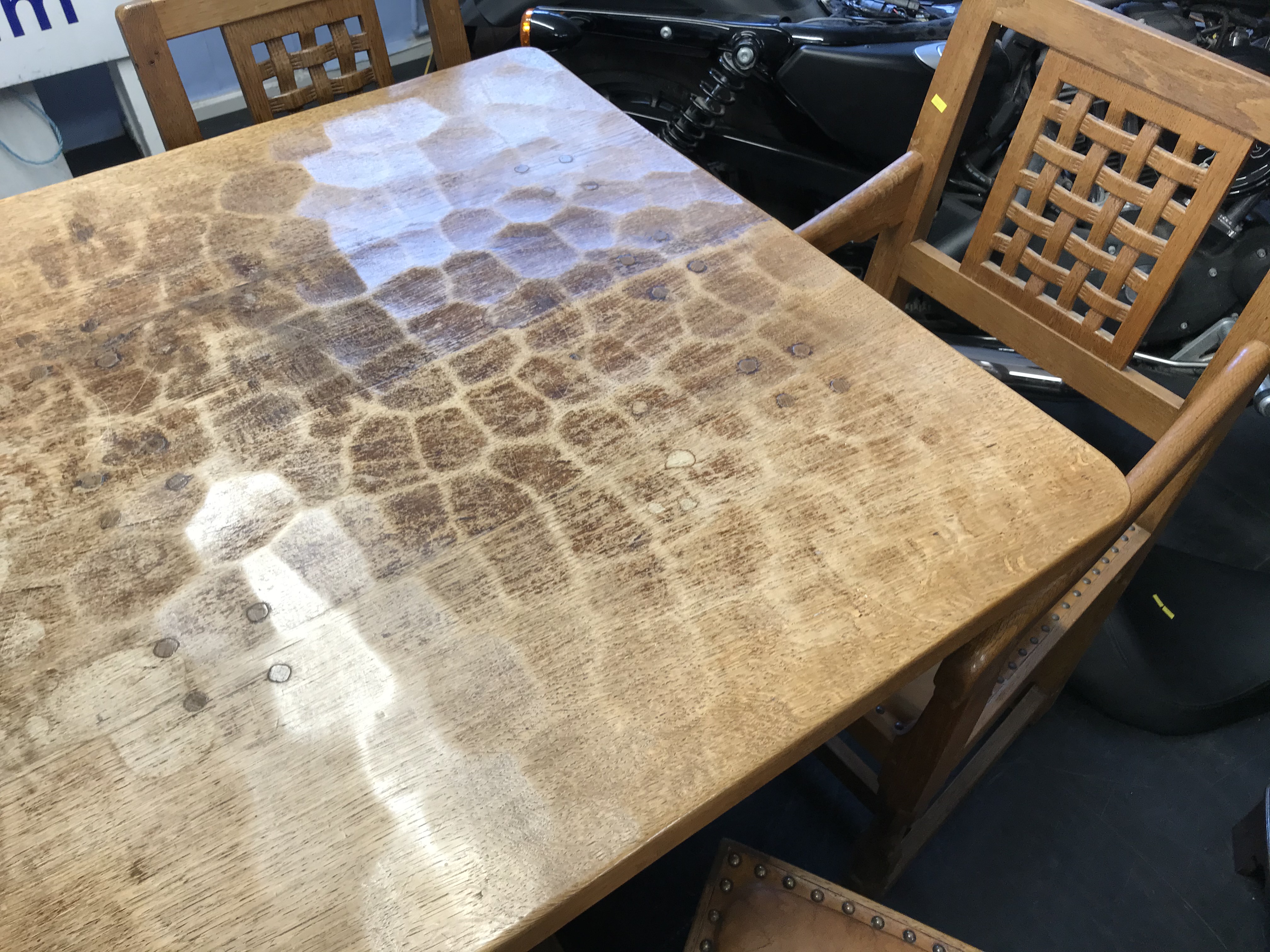 A 1970's Sid Pollard Mouseman design solid oak refectory table and a set of eight lattice back - Image 6 of 6