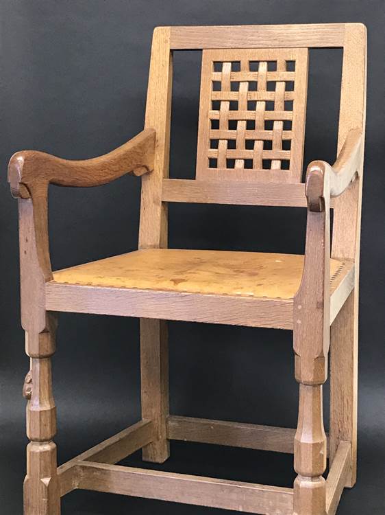 A pair of Robert 'Mouseman' Thompson of Kilburn lattice back chairs with carved mouse (circa 1977,