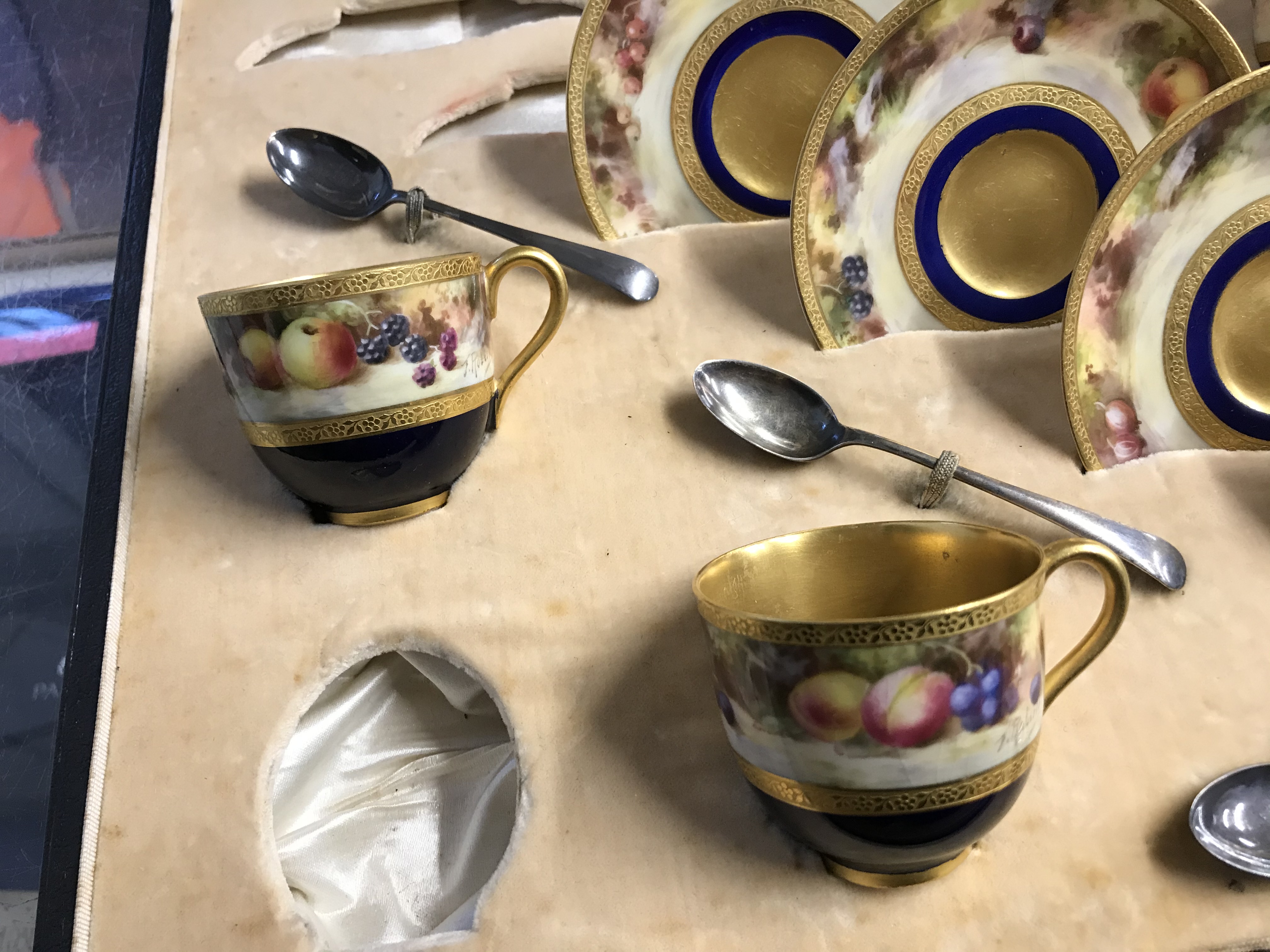 A cased Royal Worcester six setting fruit pattern coffee service by Frank Roberts, dated 1918, six - Image 8 of 9