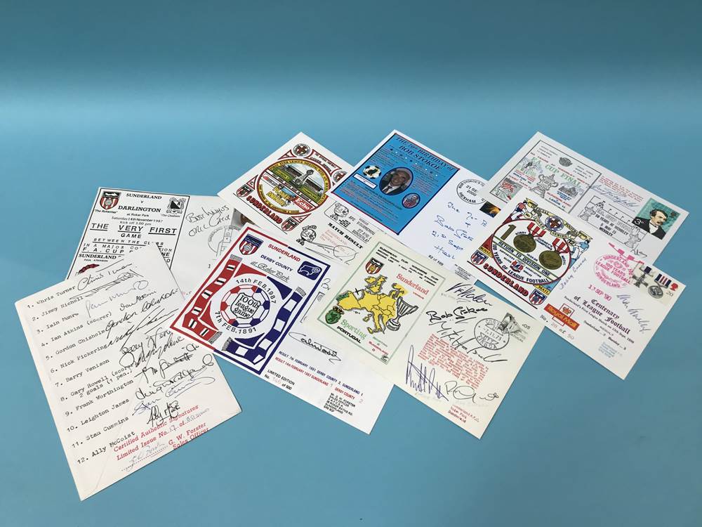 Quantity of signed S.A.F.C. first day covers including Vic Hallam, Bobby Gurney, Bob Stokoe, Gary