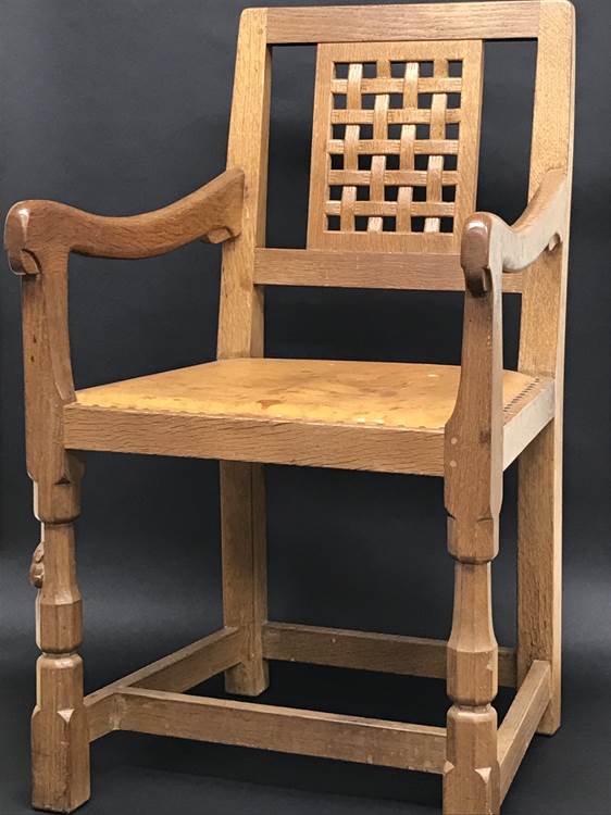 A pair of Robert 'Mouseman' Thompson of Kilburn lattice back chairs with carved mouse (circa 1977, - Image 4 of 8