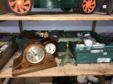 Two mantle clocks and two trays of assorted