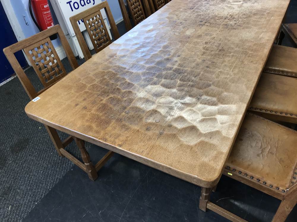 A 1970's Sid Pollard Mouseman design solid oak refectory table and a set of eight lattice back - Image 2 of 6