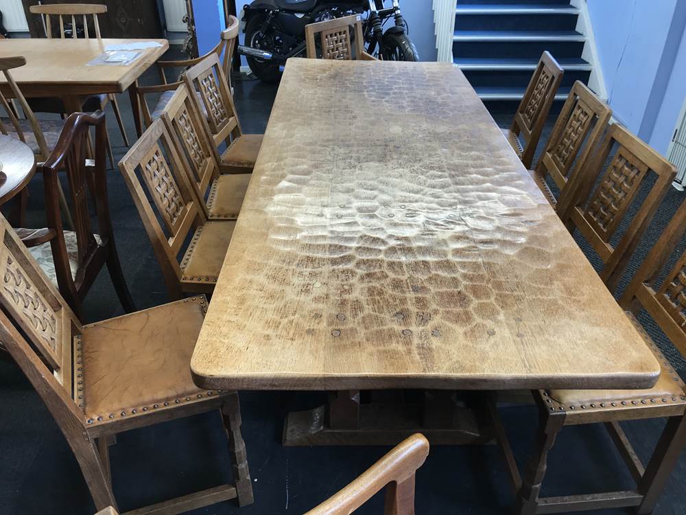 A 1970's Sid Pollard Mouseman design solid oak refectory table and a set of eight lattice back - Image 3 of 6