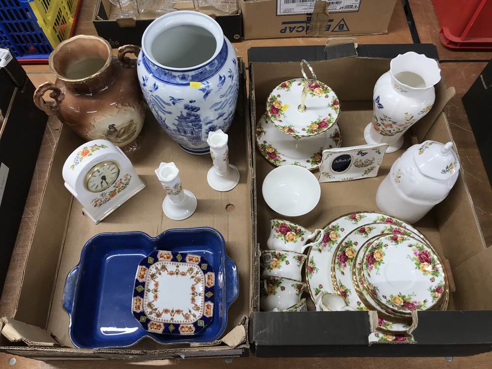 Two trays including Royal Albert Old Country Roses, Aynsley china etc.