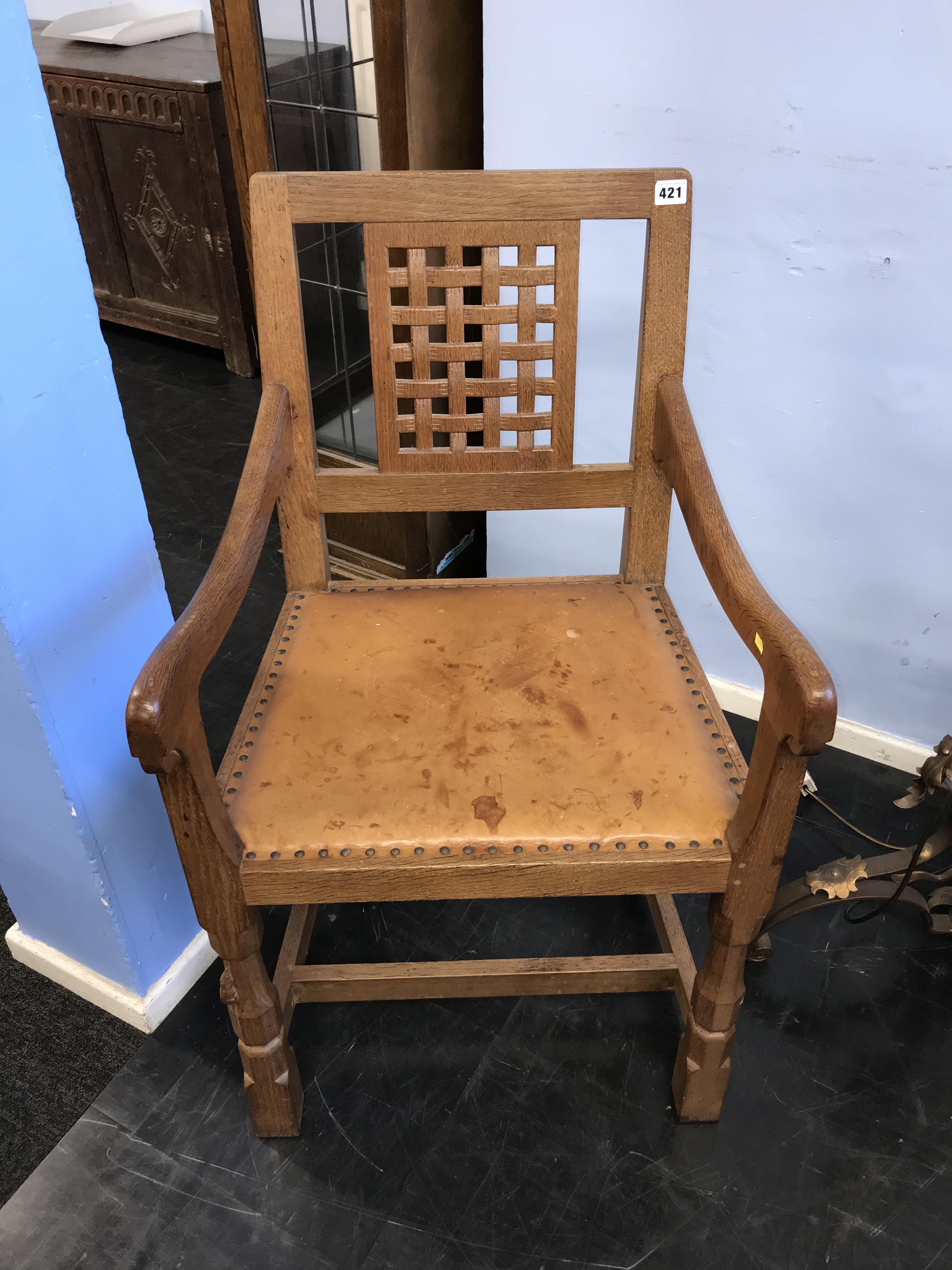 A pair of Robert 'Mouseman' Thompson of Kilburn lattice back chairs with carved mouse (circa 1977, - Image 5 of 8