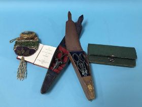 Leather purse, various scissors, a beaded coin purse etc