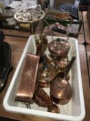 Assorted copper kettles, pans etc