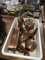 Assorted copper kettles, pans etc