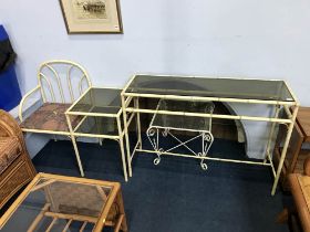 Metalwork telephone table,a rectangular table and a buffet.