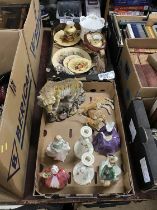 Two trays of assorted items including Royal Doulton figures and Aynsley Orchard Gold china