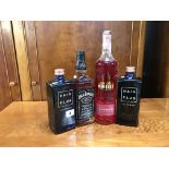 Two bottles of Haig Clubman, a bottle of Jack Daniels and a bottle of raspberry Vodka