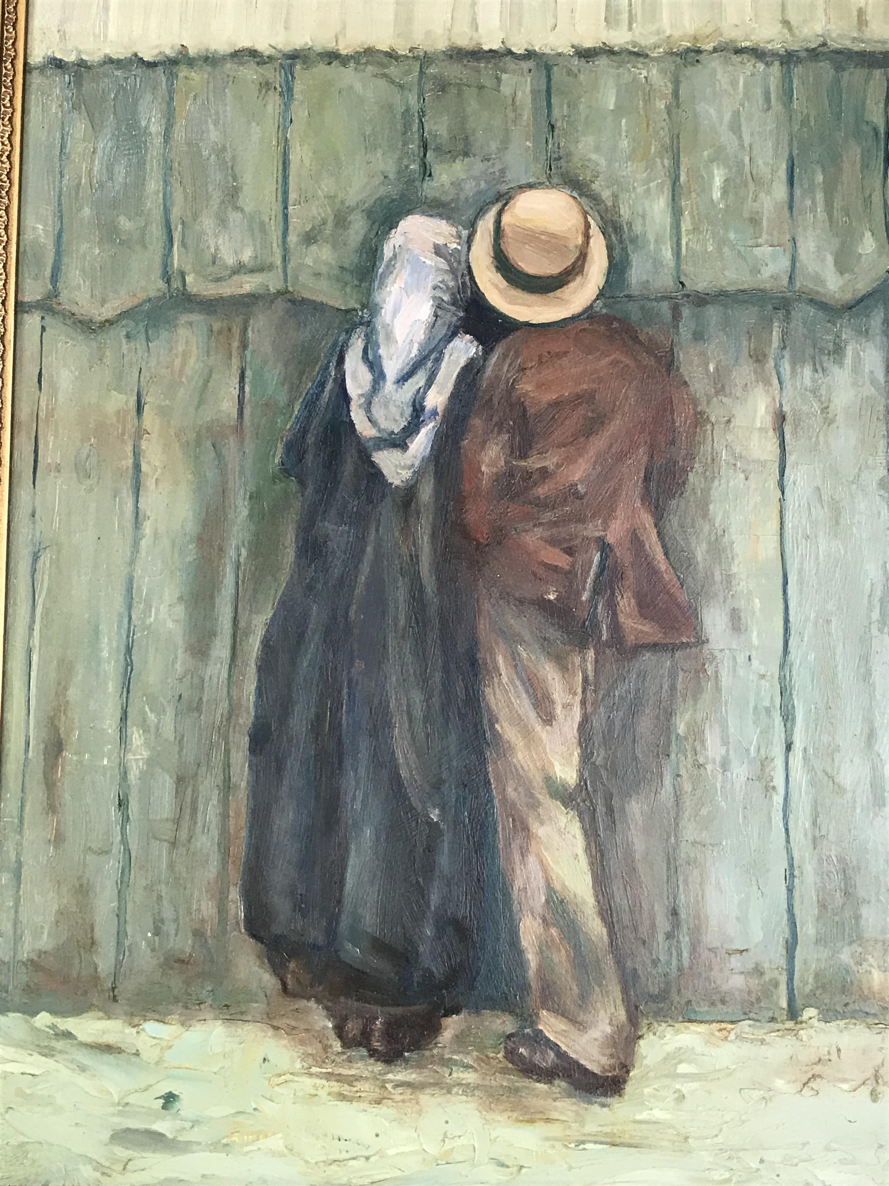 Monogrammed S, oil on board, 'Couple peering over a fence', in gilt frame, 44cm x 34cm