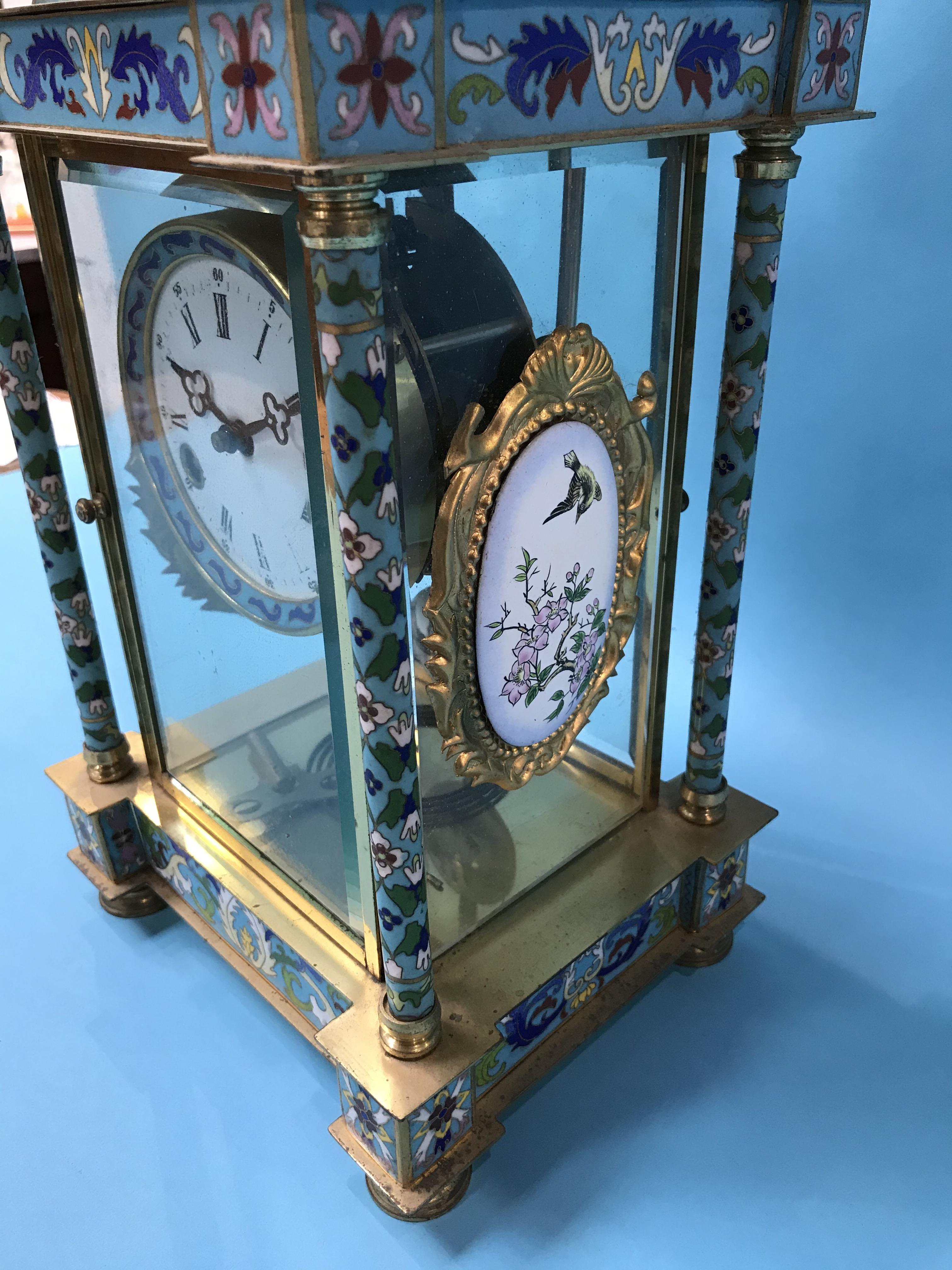A Cloisonne decorated eight day clock, with strike action - Image 4 of 4