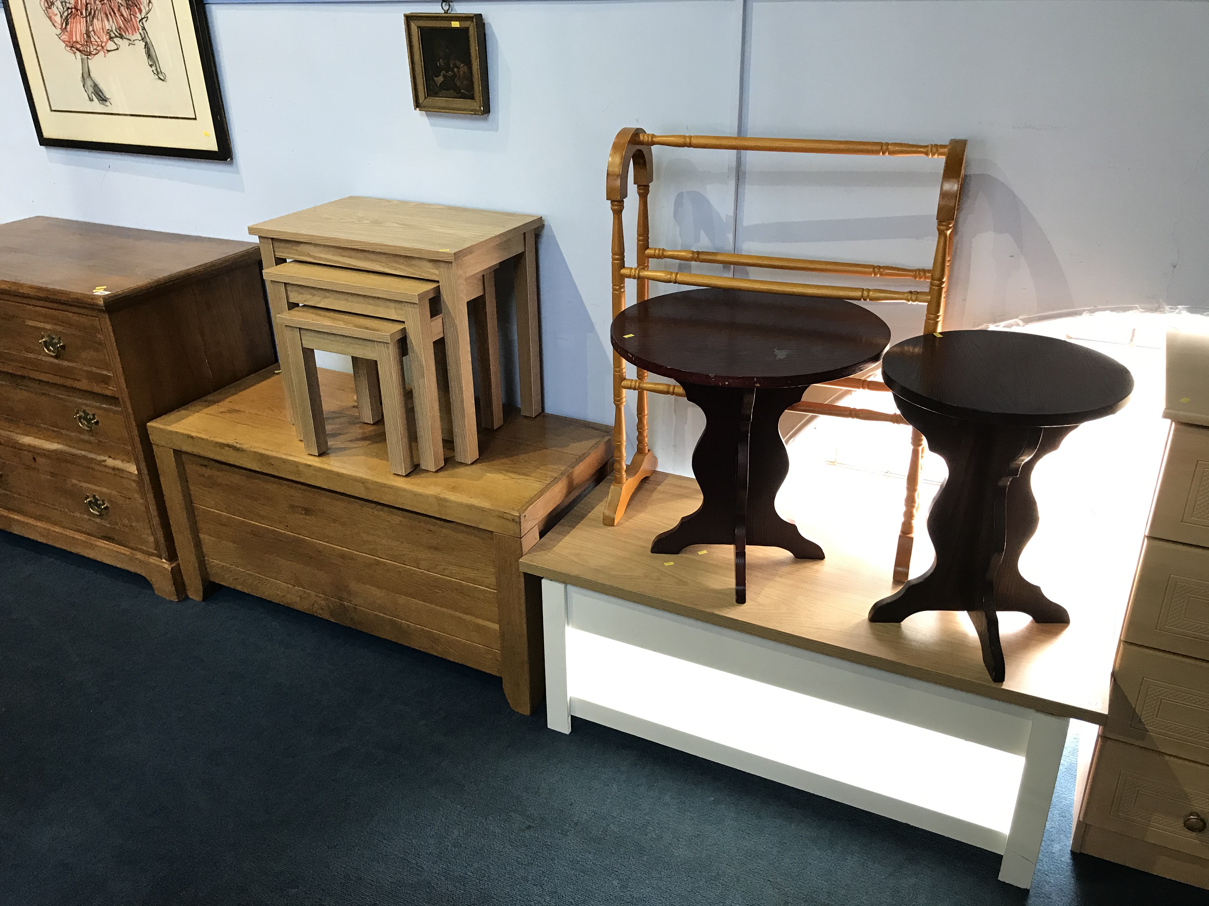 Nest of tables, oak box, coffee table etc.