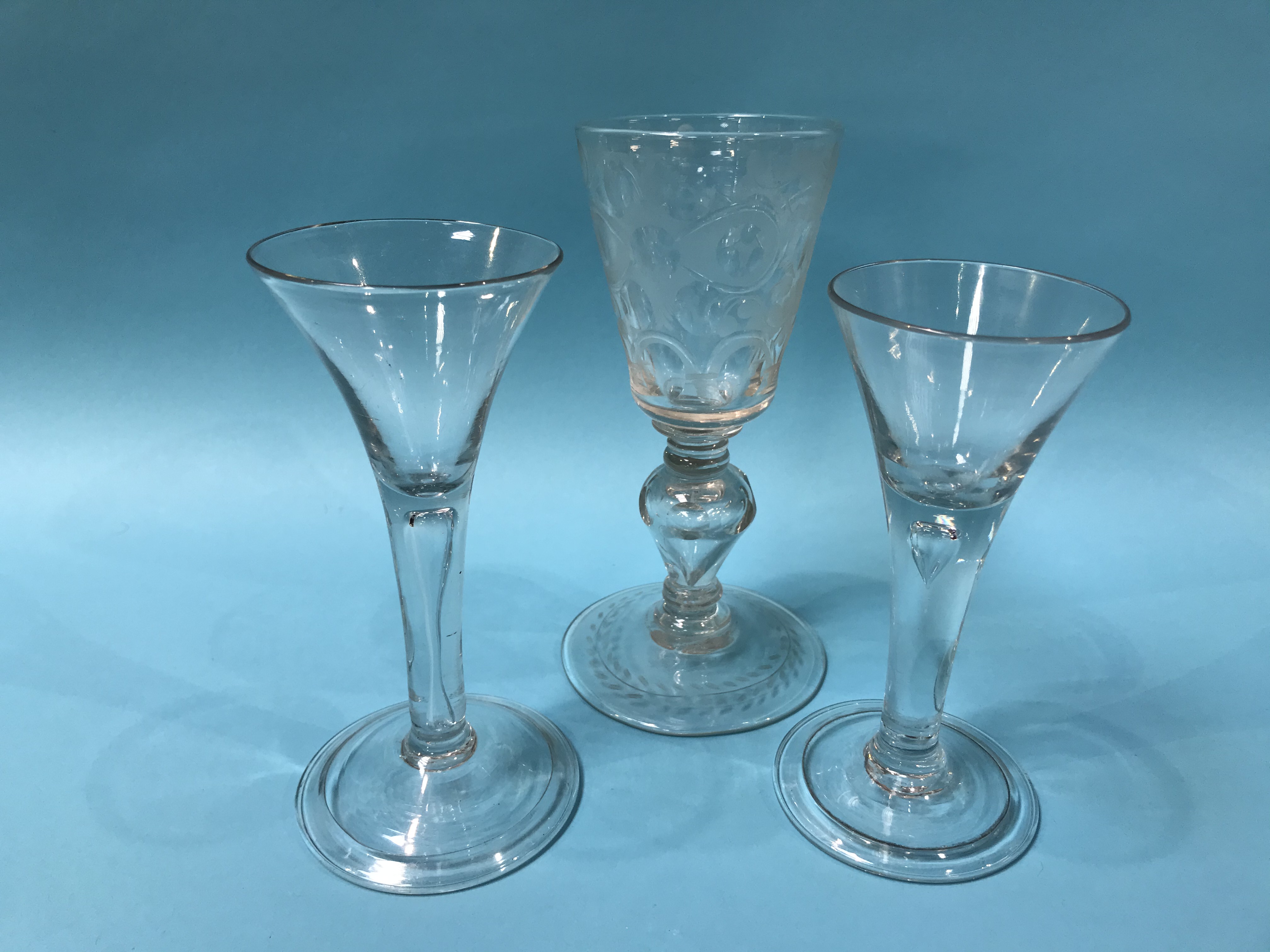 A 19th Century acid etched wine glass and two tear drop wine glasses - Image 2 of 2