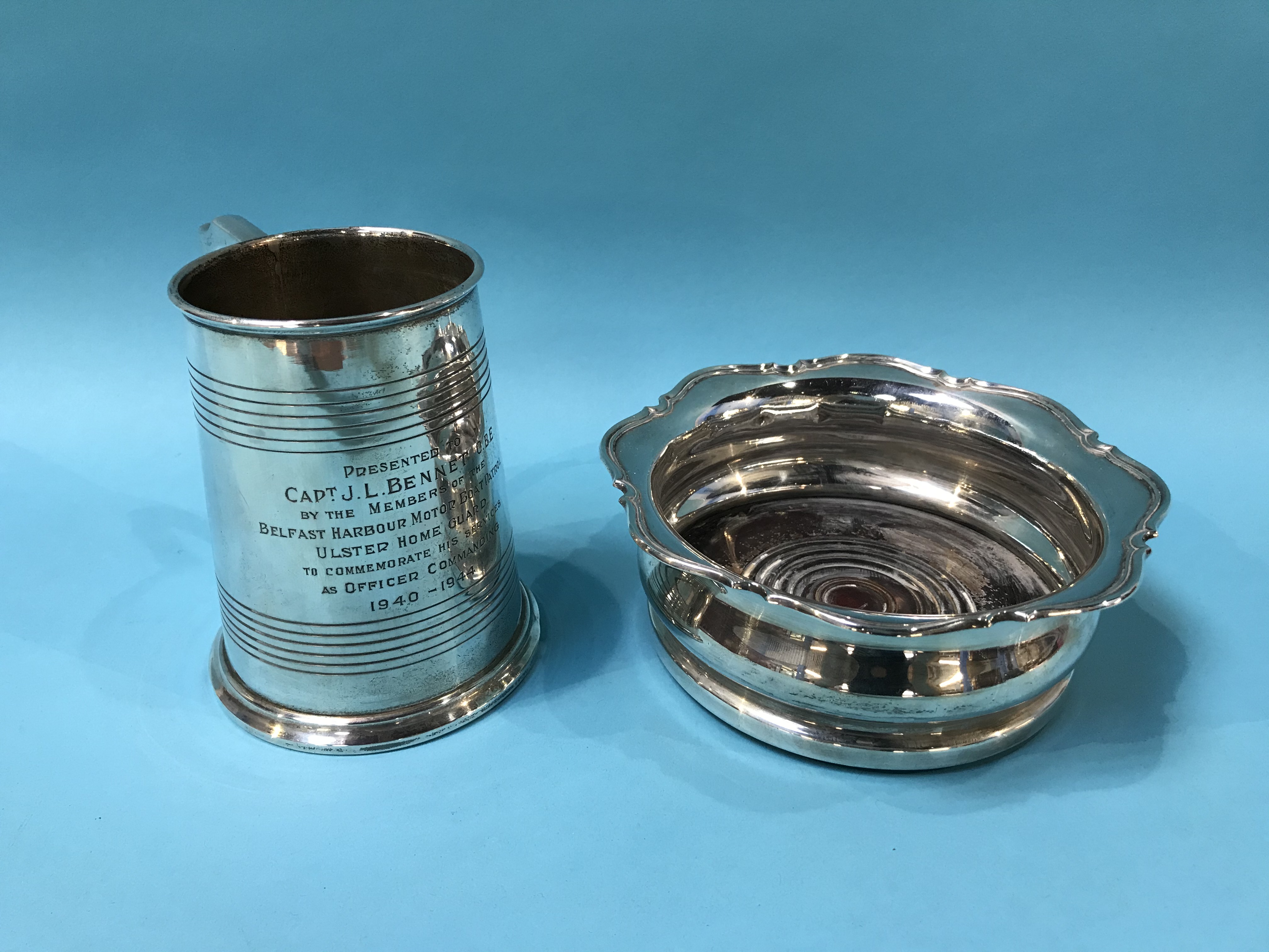 A silver tankard, 11oz and a silver wine coaster