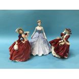 A Coalport figure and two Royal Doulton figures