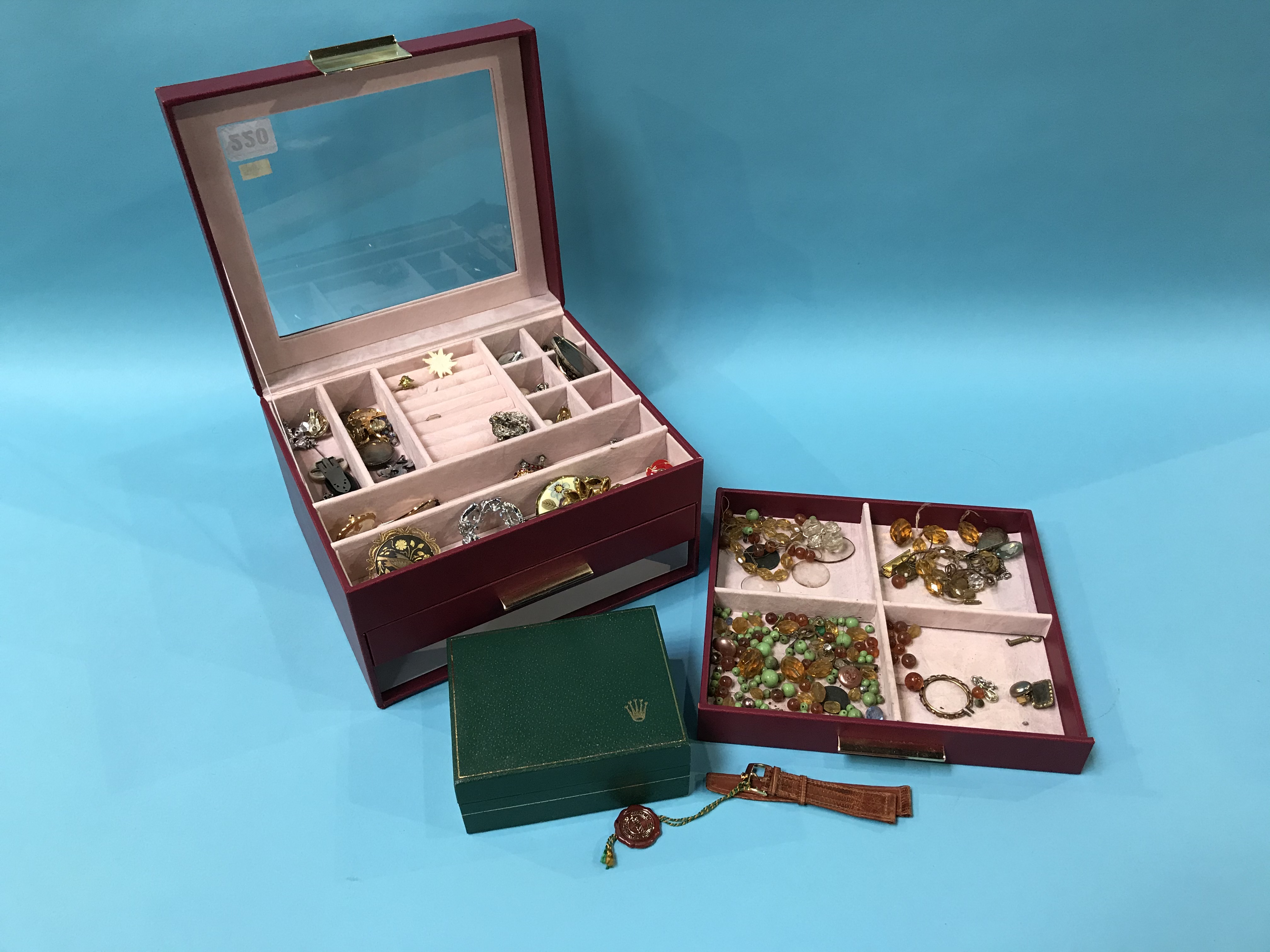 A jewellery box and contents and a watch box