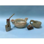 Two Jade bowls, an opium pipe etc. Large bowl 19 cm diameter inc handle X 8 cm Height, small cup