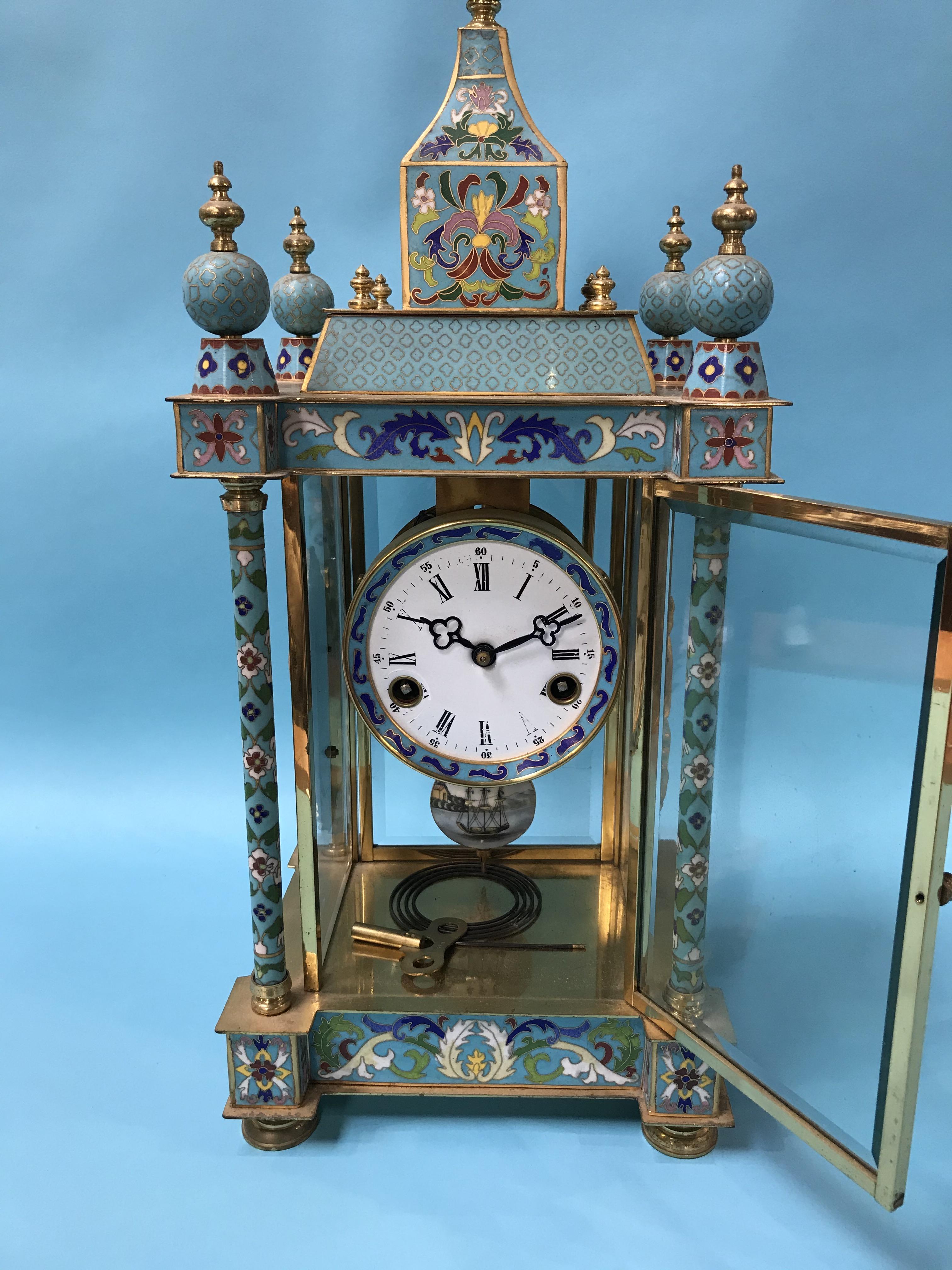 A Cloisonne decorated eight day clock, with strike action - Image 2 of 4