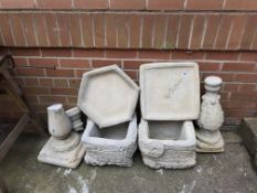 Garden statuary: Pair of planters and two bird baths