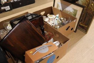 Four boxes of assorted, pictures and mirrors